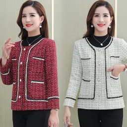 Women Fashion Patchwork Checked Tweed Jacket Coat Vintage Long Sleeve Beaded Edge Trim Female Outerwear Chic Tops