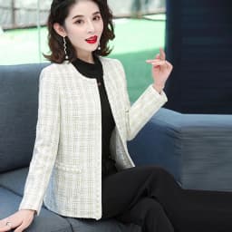 Women Fashion Patchwork Checked Tweed Jacket Coat Vintage Long Sleeve Beaded Edge Trim Female Outerwear Chic Tops