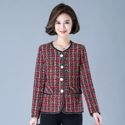 Women Fashion Patchwork Checked Tweed Jacket Coat Vintage Long Sleeve Beaded Edge Trim Female Outerwear Chic Tops