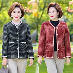 Women Fashion Patchwork Checked Tweed Jacket Coat Vintage Long Sleeve Beaded Edge Trim Female Outerwear Chic Tops