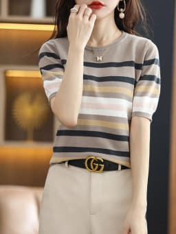 Summer New Short-sleeved Women O-Neck Slim 100% Cotton Striped Pullover Vest T-shirt Knitted Base Casual Comfortable Sweater