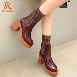 PRXDONG INS Stretch Wool Genuine Leather Brand Sock Ankle Boots Chunky High Heels Platform Autumn Winter Warm Female Short Boots