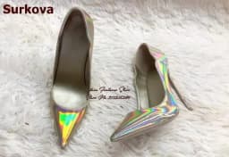 Surkova Gold Hologram Iridescent Mirror Leather Shallow Pumps 12cm Thin High Heel Pointed Toe Slip-on Dress Shoes Red Pink Blue