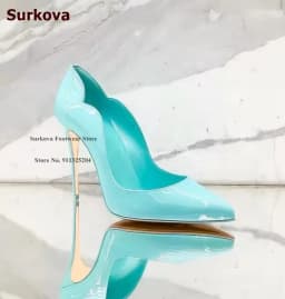 Surkova Gold Hologram Iridescent Mirror Leather Shallow Pumps 12cm Thin High Heel Pointed Toe Slip-on Dress Shoes Red Pink Blue