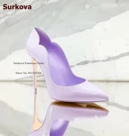Surkova Gold Hologram Iridescent Mirror Leather Shallow Pumps 12cm Thin High Heel Pointed Toe Slip-on Dress Shoes Red Pink Blue