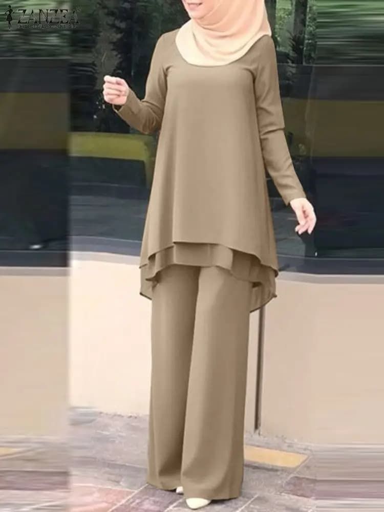 ZANZEA Women Two Piece Sets Outifits Fashion Tracksuit Muslim Long Sleeve Blouse Pant Sets Casual Solid Matching Sets 2PCS