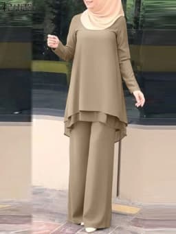 ZANZEA Women Two Piece Sets Outifits Fashion Tracksuit Muslim Long Sleeve Blouse Pant Sets Casual Solid Matching Sets 2PCS