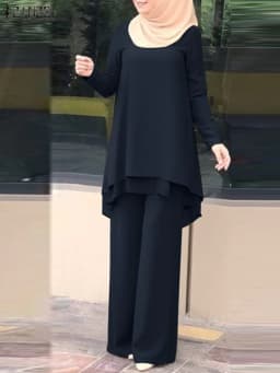 ZANZEA Women Two Piece Sets Outifits Fashion Tracksuit Muslim Long Sleeve Blouse Pant Sets Casual Solid Matching Sets 2PCS