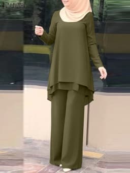 ZANZEA Women Two Piece Sets Outifits Fashion Tracksuit Muslim Long Sleeve Blouse Pant Sets Casual Solid Matching Sets 2PCS