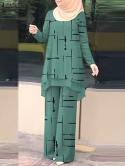 ZANZEA Women Two Piece Sets Outifits Fashion Tracksuit Muslim Long Sleeve Blouse Pant Sets Casual Solid Matching Sets 2PCS