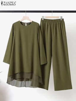 ZANZEA Women Two Piece Sets Outifits Fashion Tracksuit Muslim Long Sleeve Blouse Pant Sets Casual Solid Matching Sets 2PCS