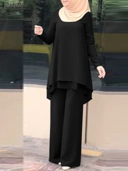 ZANZEA Women Two Piece Sets Outifits Fashion Tracksuit Muslim Long Sleeve Blouse Pant Sets Casual Solid Matching Sets 2PCS