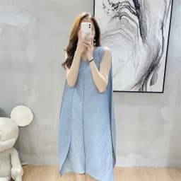 Miyake Pleated Midi Skirt for Women Monochromatic Elegant Loose Dress Sleeveless V-Neck New Fashion Design Spring Summer 2022