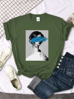 Art Portrait Character Smear Print Women Tshirts Summer Fashion T-Shirt Breathable O-Neck Tee Shirts Soft Cool T-Shirt Female