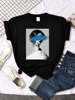 Art Portrait Character Smear Print Women Tshirts Summer Fashion T-Shirt Breathable O-Neck Tee Shirts Soft Cool T-Shirt Female
