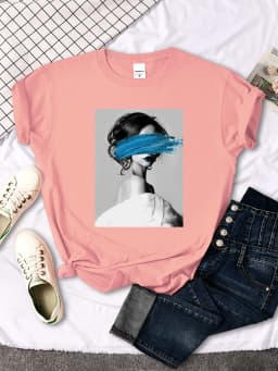 Art Portrait Character Smear Print Women Tshirts Summer Fashion T-Shirt Breathable O-Neck Tee Shirts Soft Cool T-Shirt Female