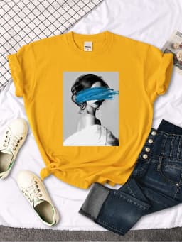 Art Portrait Character Smear Print Women Tshirts Summer Fashion T-Shirt Breathable O-Neck Tee Shirts Soft Cool T-Shirt Female