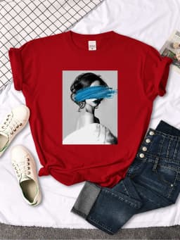 Art Portrait Character Smear Print Women Tshirts Summer Fashion T-Shirt Breathable O-Neck Tee Shirts Soft Cool T-Shirt Female