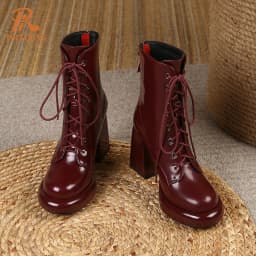 PRXDONG Women's Genuine Cow Leather Autumn Winter Shoes Ankle Boots Chunky High Heels Round Toe Lace Up Dress Party Short Boots