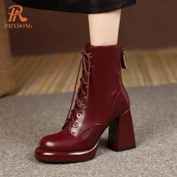 PRXDONG Women's Genuine Cow Leather Autumn Winter Shoes Ankle Boots Chunky High Heels Round Toe Lace Up Dress Party Short Boots