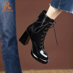 PRXDONG Women's Genuine Cow Leather Autumn Winter Shoes Ankle Boots Chunky High Heels Round Toe Lace Up Dress Party Short Boots