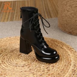 PRXDONG Women's Genuine Cow Leather Autumn Winter Shoes Ankle Boots Chunky High Heels Round Toe Lace Up Dress Party Short Boots
