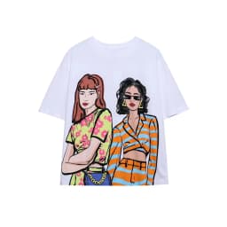 Zevity Summer Women Fashion Double Girls Print Knitting Casual T Shirt Female Basic O Neck Short Sleeve Chic White Tops T1257