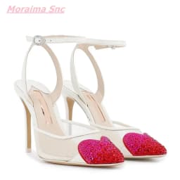 2025 Summer Sweet Women's Sandals Pointed Toe Diamond Love Leather Buckle Strap Cute Hollow PVC Comfortable Wedding Dress Shoes