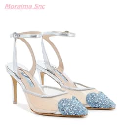 2025 Summer Sweet Women's Sandals Pointed Toe Diamond Love Leather Buckle Strap Cute Hollow PVC Comfortable Wedding Dress Shoes
