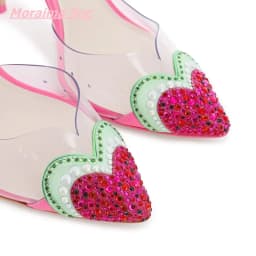 2025 Summer Sweet Women's Sandals Pointed Toe Diamond Love Leather Buckle Strap Cute Hollow PVC Comfortable Wedding Dress Shoes