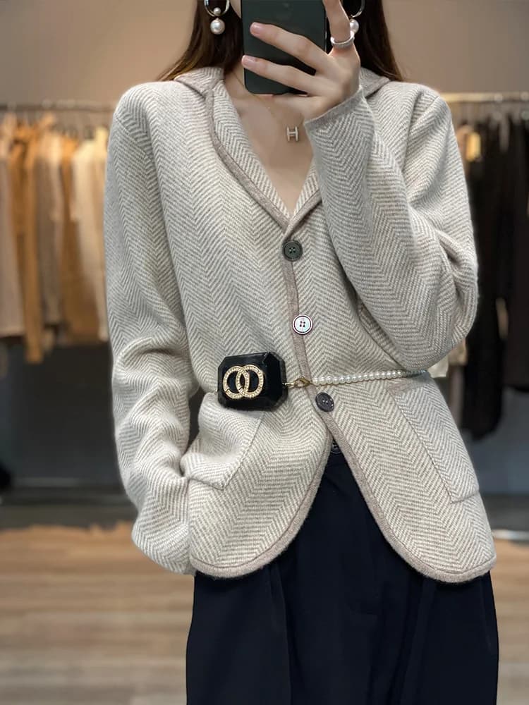 Autumn Winter Women Pure Cashmere Wool Suit Coat Sweater Casual Knitted Tailored Collar Cardigan Thickening Outwear Soft Jacket