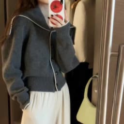 Navy collar cashmere knit cardigan women's new autumn and winter matching color loose sweater to show lean wool coat