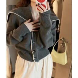 Navy collar cashmere knit cardigan women's new autumn and winter matching color loose sweater to show lean wool coat