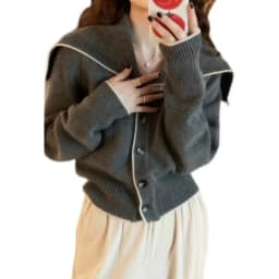 Navy collar cashmere knit cardigan women's new autumn and winter matching color loose sweater to show lean wool coat