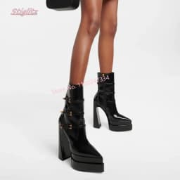 2024 Black Platform Ankle Boots Women's Winter Solid New Arrival Luxury Brand Pointed Toe Side Zipper footwear Shoes