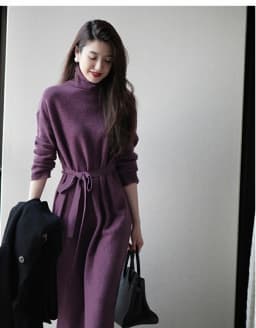 Purple Turtleneck Knit Bottoming Dress Women's Spring And Autumn Coat New Temperament Knee-Length Sweater Long Skirt
