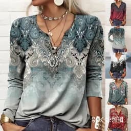 2023 New Autumn Winter Women Blouse Vintage Ethnic Style Floral Print Shirts Long Sleeve V-Neck Button Loose Casual Boho Tops