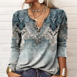 2023 New Autumn Winter Women Blouse Vintage Ethnic Style Floral Print Shirts Long Sleeve V-Neck Button Loose Casual Boho Tops