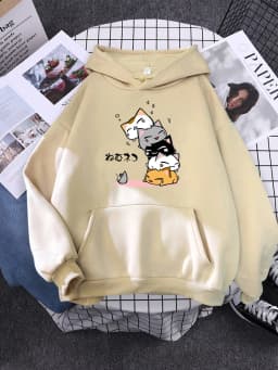 Cute Stacked Cats Sleeping Don'T See The Mouse Women Hoodies Fashion Loose Pullover Casual Fleece Hoody Trend Soft Female Sweat