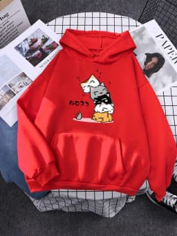 Cute Stacked Cats Sleeping Don'T See The Mouse Women Hoodies Fashion Loose Pullover Casual Fleece Hoody Trend Soft Female Sweat