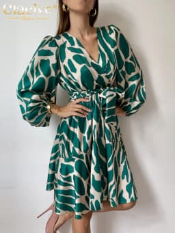 Clacive Fashion Loose Print Mini Dress Ladies Elegant Classic V-Neck Puff Sleeve Lace-Up Office Dresses For Women 2023 New In