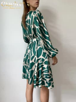 Clacive Fashion Loose Print Mini Dress Ladies Elegant Classic V-Neck Puff Sleeve Lace-Up Office Dresses For Women 2023 New In