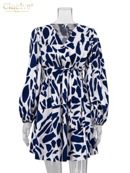 Clacive Fashion Loose Print Mini Dress Ladies Elegant Classic V-Neck Puff Sleeve Lace-Up Office Dresses For Women 2023 New In