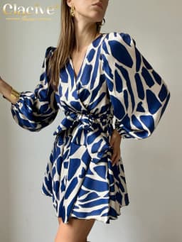 Clacive Fashion Loose Print Mini Dress Ladies Elegant Classic V-Neck Puff Sleeve Lace-Up Office Dresses For Women 2023 New In