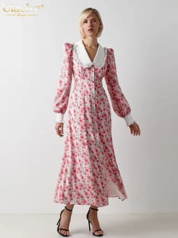 Clacive Fashion Print Office Women Dresses 2023 Elegant Doll Collar Long Sleeve Midi Dress Casual Single Breasting Female Dress