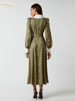 Clacive Fashion Print Office Women Dresses 2023 Elegant Doll Collar Long Sleeve Midi Dress Casual Single Breasting Female Dress