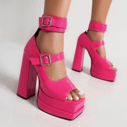 Plus Size Double-Layer Platform Ultra-High Thick Heel Open-Toe Sandals Double-Row Metal Belt Buckle Shiny Patent Leather Sandals