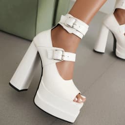 Plus Size Double-Layer Platform Ultra-High Thick Heel Open-Toe Sandals Double-Row Metal Belt Buckle Shiny Patent Leather Sandals
