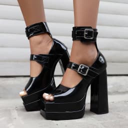 Plus Size Double-Layer Platform Ultra-High Thick Heel Open-Toe Sandals Double-Row Metal Belt Buckle Shiny Patent Leather Sandals