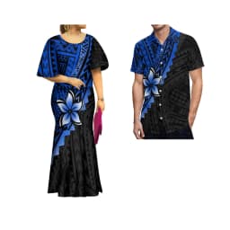2022 New Samoan Puletasi Set Monstera Leaf Print Bat Sleeve Ptaha Blue Polynesian Top Maxi Fishtail Skirt Womens 2 Piece Set